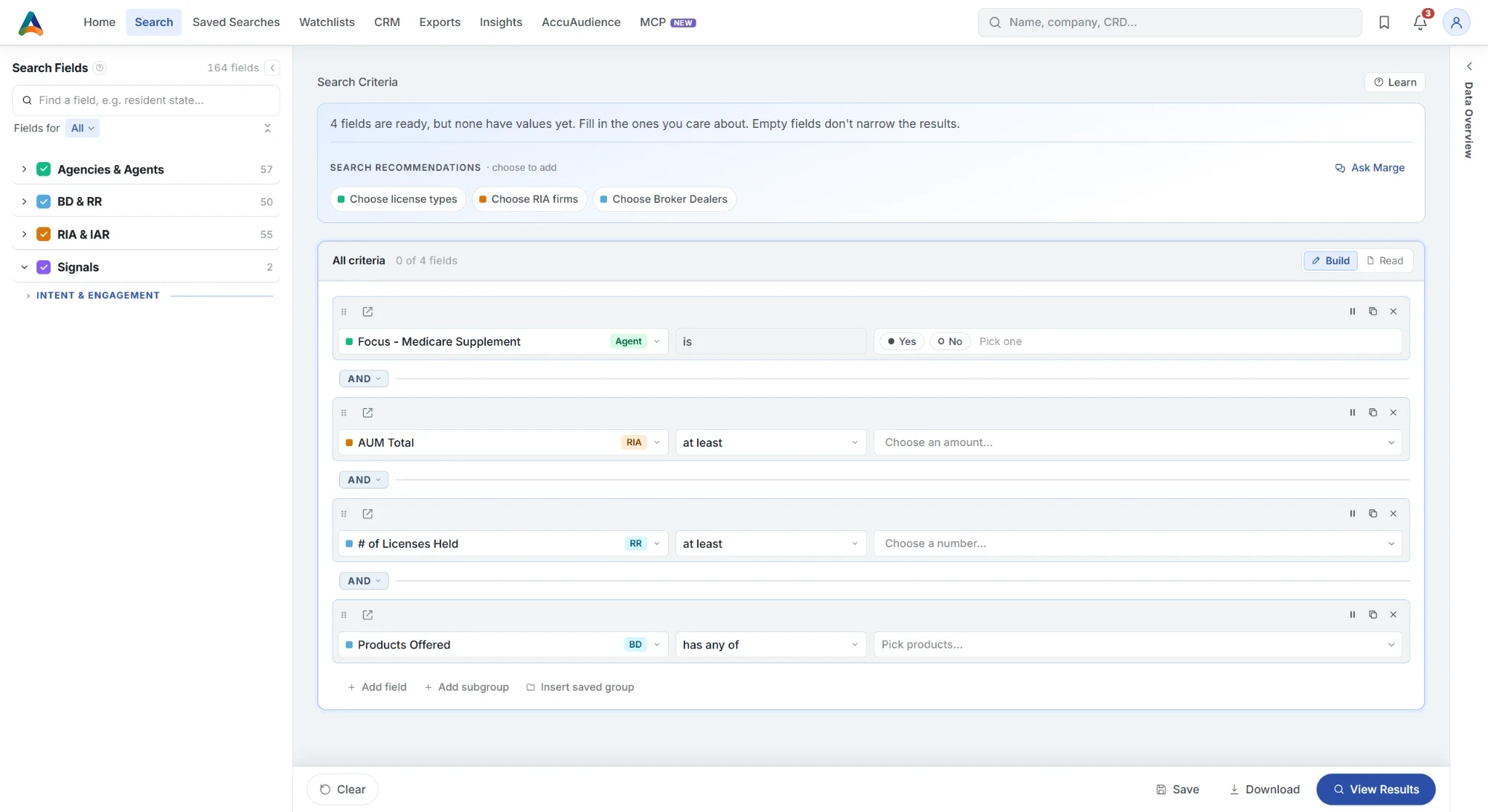 The Accupoint search builder: the Search Fields catalog beside search recommendations and four rules across insurance, Broker Dealer and RIA fields
